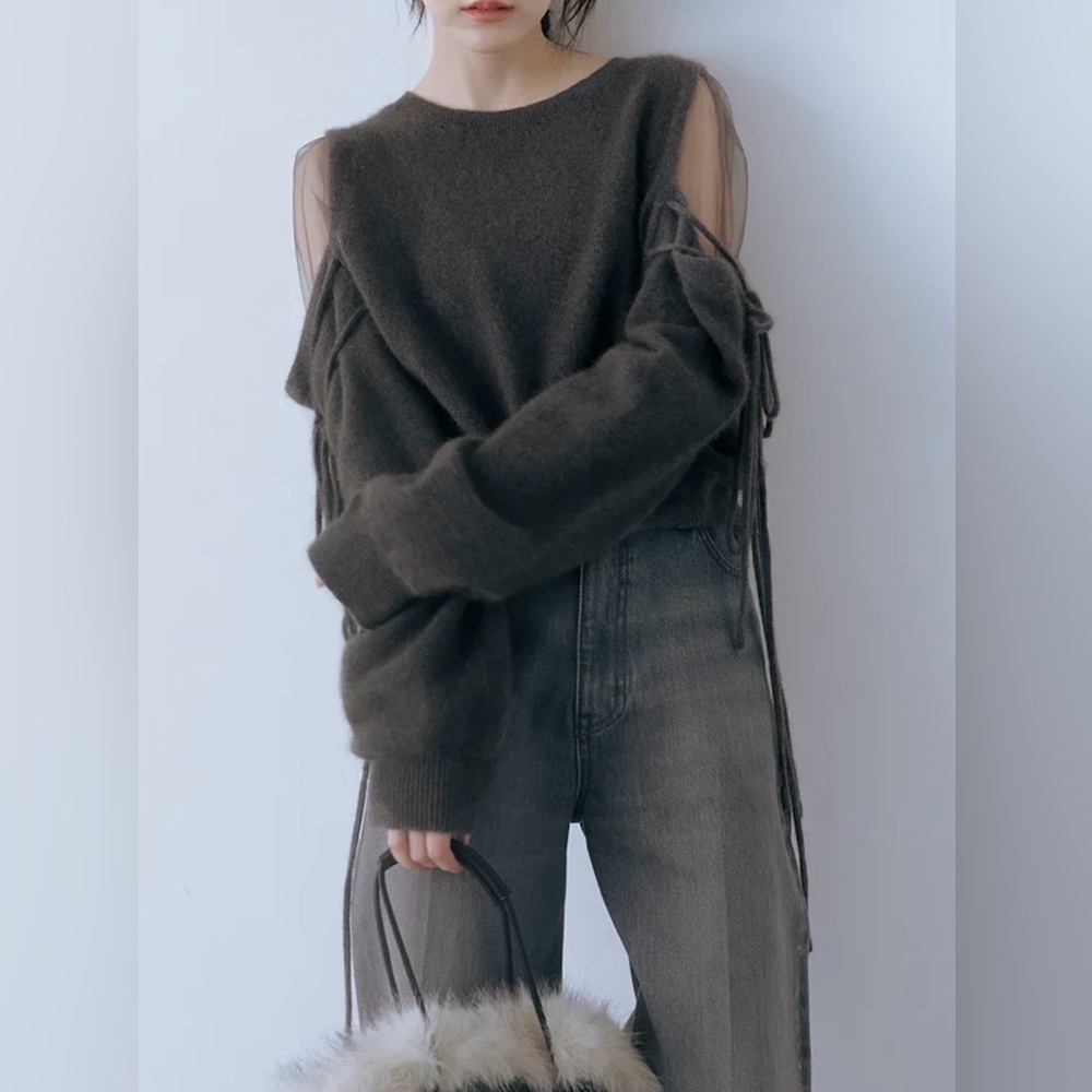 Snidel - See-Through Shoulder Knit Pullover Dark Grey